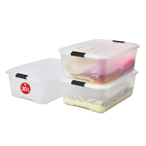 Iris Ohyama Aufbewahrungsbox mit Deckel, 30L, 3er-Set, Transparent, Schnappverschlüsse mit Griffen, Stapelbar, Stark & Langlebig, Für Kleidung, Garage, Zuhause, Büro, Plastikbox, Lagerung TB-30