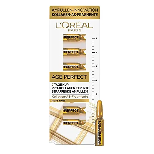 L'Oréal Paris Straffende Ampullen 7-Tage-Kur für reife Haut, Anti-Aging Gesichtspflege mit Anti-Falten Effekt, Mit Kollagen-AS-Fragmenten, Age Perfect Pro-Kollagen Experte, 7 x 1,3 ml