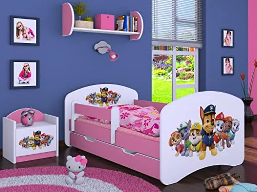 BDW Kinderbett Super Hunde - Rosa 140x70 mit Matratze und Schublade - Kleinkindbett mit bequemem Rausfallschutz, praktischer Schublade und lustigem Design für ein sicheres und stylisches Kinderzimmer.
