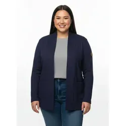 sheego Shirtjacke 307913_46 - Sportliche Ripp-Optik - Lässige Shirtjacke für vielseitige Looks. Mit Schalkragen, 2 praktischen Taschen und modischem Leder-Imitat-Patch. Ideal für den Alltag und schick kombiniert.