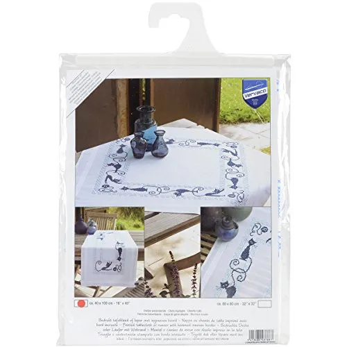 Vervaco Stickpackung Kreuzstich Set Vorgedruckt Tischläufer Fröhliche Katzenbande Stickdecken Vorgezeichnet DIY Basteln Kreativ Stickläufer zum Selbersticken 40 x 100 cm Stickset