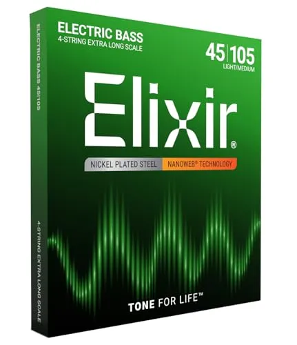 Elixir® Saiten Nickel-Wound E-Bass-Saiten, Extra Long Scale - Gitarren- & Bass-Zubehör mit NANOWEB® Beschichtung für langlebigen, vollen Klang und verbesserten Grip. Ideal für Bassisten, die Wert auf ein natürliches Spielgefühl legen.