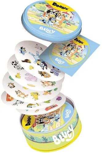 Asmodee Dobble Bluey – Familienspiel für 2-8 Spieler, ab 6 Jahren - Schnelles Reaktionsspiel für die ganze Familie! Mit beliebten Bluey-Charakteren und fünf spannenden Spielvarianten. Ideal für 15-minütige Partien, leicht zu lernen und überall mit der praktischen Metalldose mitzunehmen.
