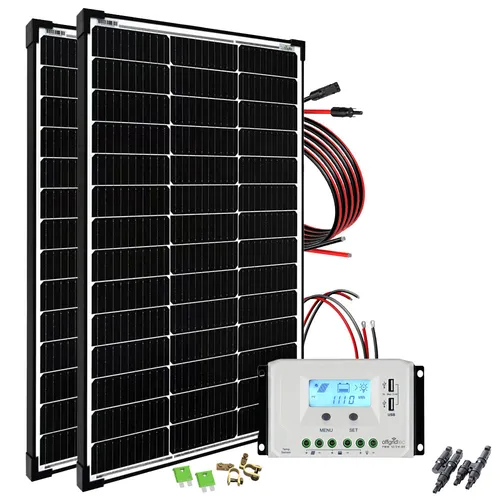 200W Solaranlage 12V/24V - basicPremium-L Solar Garten-Set - Effiziente 12V/24V Solar-Inselanlage mit 200 Watt für Garten, Ferienhaus oder Teich. Genießen Sie einen Tagesertrag von 800Wh!