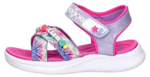 Skechers JUMPSTERS Sandal Tie Dye BFFs, Lavendar, Größe 38 - Stylische Sandalen mit einzigartigem Batikdesign und Freundschaftsarmband. Verstellbarer Ristriemen für optimalen Halt und flexible Laufsohle für hohen Komfort.