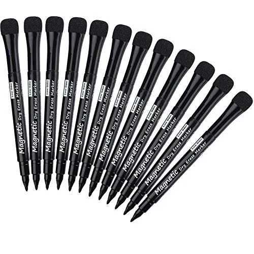 Willingood Whiteboard Stifte, Magnetische Whiteboard Marker mit Schwamm, Trocken Löschbare Folienstift mit Radiergummi Weißwandstifte für Tafel Schule Büro, 12 Stücke Schwarz