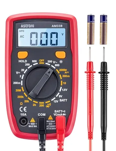 AstroAI Digital Multimeter - Präziser Messgerät für AC/DC Spannung und DC Strom - Vielseitiges Digital-Multimeter mit großem LCD-Display und Hintergrundbeleuchtung. Ideal für präzise Messungen im Haushalt und Kfz-Bereich. Sicherheit durch doppelte Keramiksicherung und robustes Design.