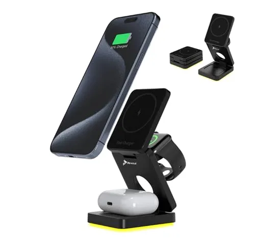 Reagle 3-in-1 Faltbare Ladestation mit Nachtlicht 15W Kabelloses Ladegerät für iPhone 12-16 Serien, Apple Watch Ultra, AirPods Pro/3/2 – Qi-Zertifiziert, USB-C, Kompakt für Reisen