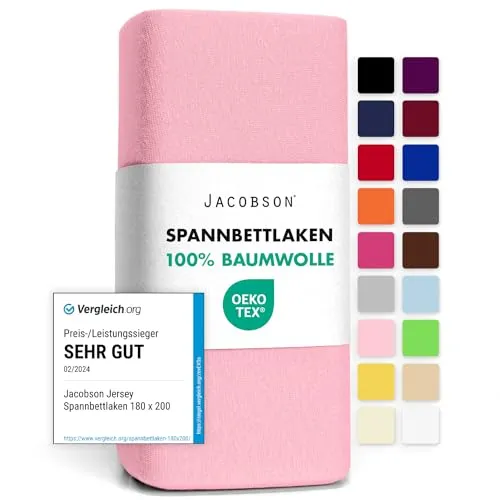 Jacobson Jersey Spannbettlaken Spannbetttuch Baumwolle Bettlaken (120x200-130x200 cm, Rosa)