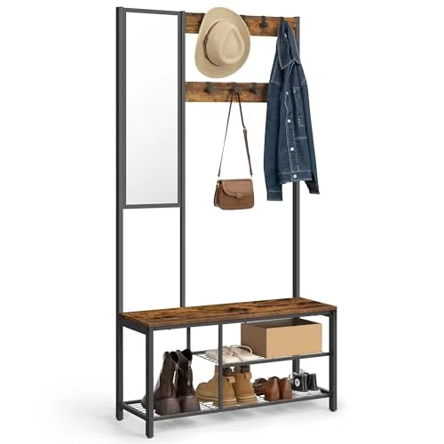 Kompaktgarderobe Dacey, braun, 98x185 cm - Praktische Kompaktgarderobe Dacey in braun, ausgestattet mit 9 Kleiderhaken, Spiegel und 2 Ablageböden. Ideal für platzsparende Aufbewahrung im Flur. Hochwertige Materialien garantieren Langlebigkeit.