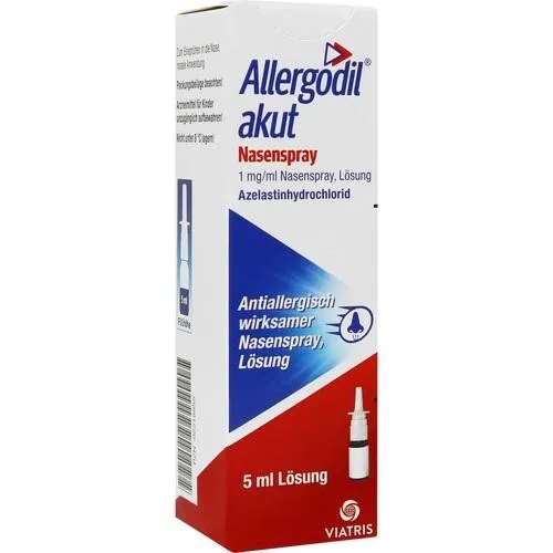 Allergodil Akut Nasenspray 5 ML - Arzneimittel zur Linderung von Heuschnupfen-Symptomen, enthält den Wirkstoff Azelastinhydrochlorid und ist für Erwachsene, Jugendliche und Kinder ab 6 Jahren geeignet.