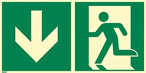 Notausgangsschild Pfeil unten, langnachleuchtend, 400 × 200 mm - Sicheres Notausgangsschild aus robustem Hart-PVC, langnachleuchtend für optimale Sichtbarkeit bei Dunkelheit. Kompakt und normgerecht gemäß ASR A1.3, ideal für Flucht- und Rettungswege in Innen- und Außenbereichen.
