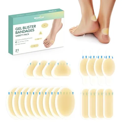 Pieces Blister Plasters for Feet - Welnove Invisible Hydrocolloid Gel Blister Bandages - Blister Cushions for Heel, Toe & Foot, Water Resistant Bandages 21