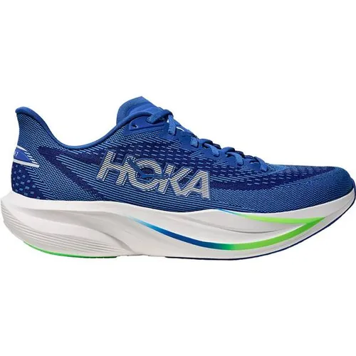 HOKA Mach 7 Herren Laufschuhe - Cobalt Blue / Neon Green, Größe 44 2/3 - Herren | Laufschuhe für Straße & Wettkampf. Leichter, atmungsaktiver Schuh mit reaktionsfähiger Dämpfung und neuem Jacquard-Obermaterial für optimalen Tragekomfort und Tempo.