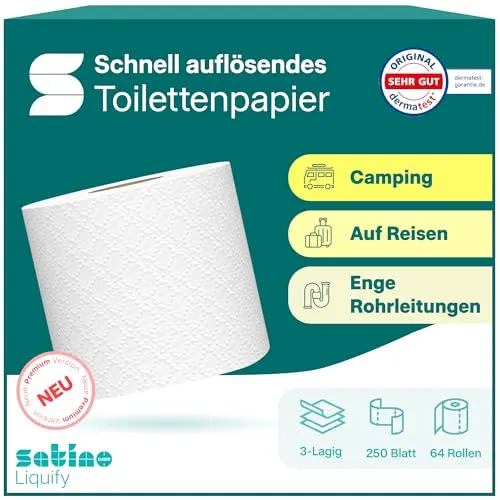 Satino Liquify - Premium Camping Toilettenpapier 3-lagig – genauso schnellauflösend wie sein Vorgänger – 3 Lagen für noch mehr Komfort im Wohnmobil - Made in Germany - 16 Rollen á 250 Blatt