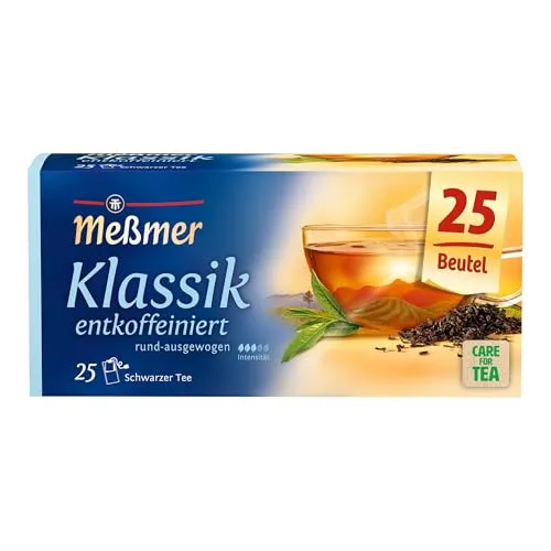 Meßmer Tee Klassik, entkoffeiniert, 25 Teebeutel - Teesorte: Entkoffeinierter feiner Schwarztee in hochwertiger Aromaschutzumhüllung, ideal für genussvolle Momente ohne Koffein.