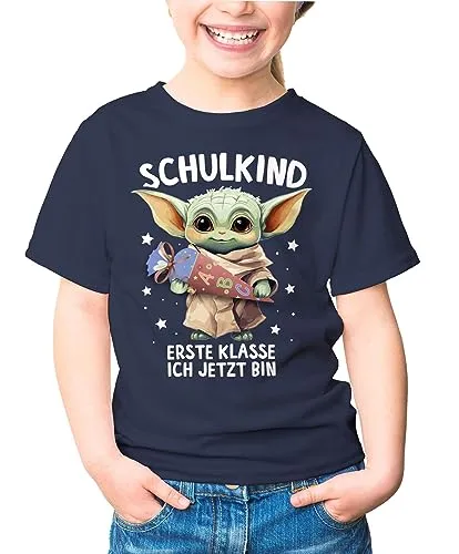 MoonWorks Kinder T-Shirt Mädchen Einschulung Baby Schulkind Erste Klasse ich jetzt Bin Spruch lustig Schulanfang Navy 122-128 (7-8 Jahre)