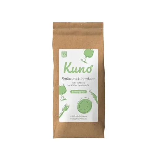 Kuno Spülmaschinentabs - 120 Tabs - Effektive Reinigung mit frischem Lemongrass Duft - Kompakte Spülmaschinentabs in Papierverpackung, die weniger Platz benötigen und dennoch eine starke Reinigungsleistung bieten. Ideal für umweltbewusste Haushalte.