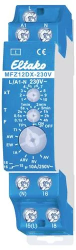 Eltako MFZ12DX-230V Zeitrelais 230V AC - Multifunktionsrelais mit einstellbaren Zeiten von 0,1 Sekunden bis 40 Stunden. Ideal für effektive Steuerung und energiesparend mit nur 0,4 Watt Stand-by-Verlust.