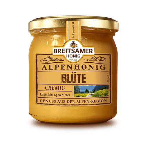 Breitsamer Alpenhonig Blüte 500g - Honig aus Deutschland, aromatisch blumig und fein cremig – der ideale Süßmacher für Tee und Backwaren.
