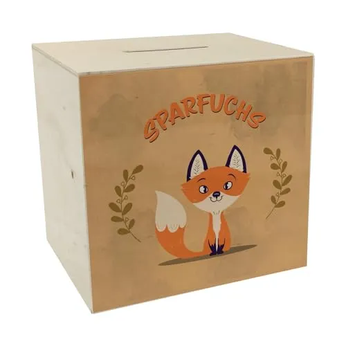 Spardose aus Holz mit süßem Fuchs Motiv und Spruch - Sparfuchs als niedliche Geschenkidee zur Einschulung für Kinder oder für Eltern die auf ausgefallene Dekoration Stehen