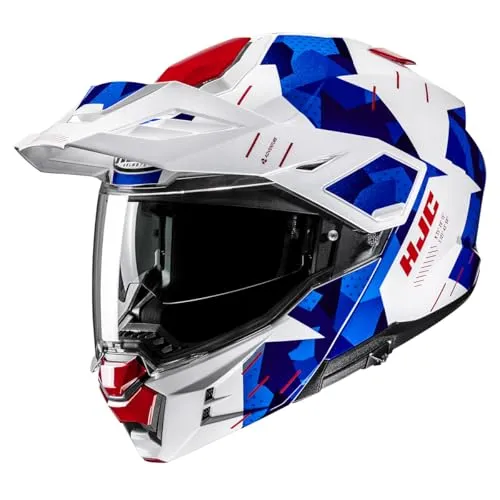 HJC i80 Roki Klapphelm XL - Weiß-Blau-Rot - Motorradhelm für Unisex Erwachsene, ideal für alle Jahreszeiten mit kratzfestem Visier, optimaler Belüftung und Aufbewahrungstasche.