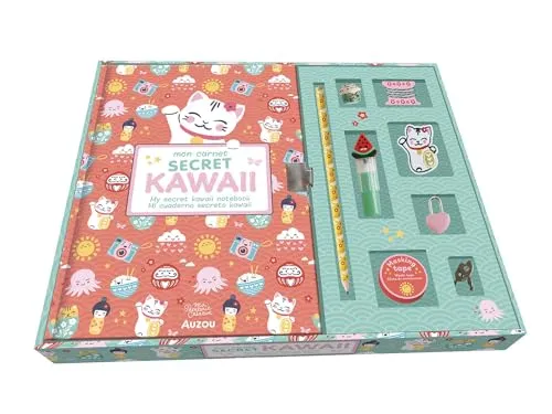 MA PAPETERIE CREATIVE - MON COFFRET DE PAPETERIE KAWAII: Avec 1 surligneur-encreur, 1 cadenas, 1 écusson brodé, 1 crayon à papier, du masking tape, 1 perle chat et 1 joli fil tressé