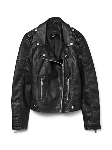 VERO MODA Damen Kunstleder-Jacke VMKerriultra Biker-Style - Funktionsjacken aus weichem Lederimitat, figurbetont und hüftlang, ideal für einen eleganten Look mit asymmetrischem Reißverschluss und gesteppten Details.