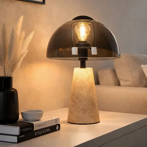 Tischleuchte Travertine Stein & Glas, LED, 31 cm - Stilvolle Tischlampe im Retro-Design aus Travertine und Glas. Ideal für gemütliche Beleuchtung im Schlafzimmer oder Wohnzimmer. Energieeffizient mit warmweißem Licht für eine angenehme Atmosphäre.