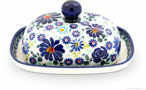 Bunzlauer Keramik Butterdose oval, Dekor DU126 - Hochwertige, handgefertigte Butterdose für 125g, ideal für Butter oder Käse. Mit ihrem sommerlichen Design und praktischen Eigenschaften ist sie ein stilvoller Blickfang in jeder Küche.