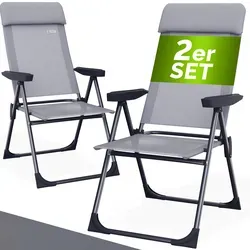 CASARIA® Klappbarer Gartenstuhl 2er-Set Grau – Hochlehner mit 7-fach verstellbarer Rückenlehne - Genieße entspannte Stunden im Freien mit dem CASARIA® Klappstuhl-Set. Die ergonomische Rückenlehne und das weiche Kopfkissen bieten individuellen Komfort. Ultraleicht und platzsparend – perfekt für Garten, Balkon oder Camping!