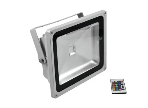 EUROLITE LED IP FL-50 COB RGB 120° Outdoor mit Fernbedienung - Lichtprojektor für Außenanwendungen, wetterfest (IP65) und ideal für beeindruckende Lichtshows im Freien.