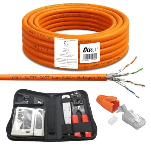25m Cat7 Netzwerkkabel Werkzeug Set RJ45 - ARLI - Ethernetkabel (RJ-45/8P8C) mit 25m Länge und hochwertigem Zubehör, inklusive Crimpzange und Netzwerktester für einfache Installation und zuverlässige Verbindung.