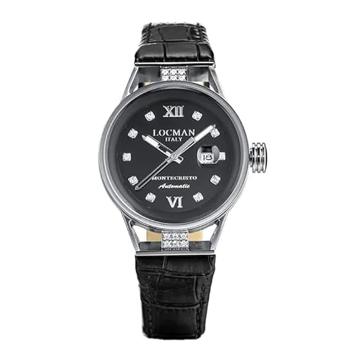 Locman Montecristo Damenarmbanduhr Automatik 0525D01D-0DBKIDPK - Elegante Damenuhr von Locman, Automatikwerk, 22 Diamanten, 100 Meter wasserdicht. Stilvolles Design mit schwarzem Zifferblatt und Lederarmband für besondere Anlässe.
