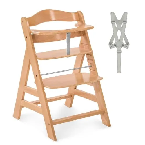 hauck Hochstuhl Alpha+ - Mitwachsender Kinderhochstuhl für Kinder ab 6 Monaten bis 90 kg, aus FSC-zertifiziertem Buchenholz, extra sicher mit Schutzbügel und 5-Punkt-Gurt