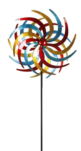 LEX Doppel-Windrad Metall Tricolor (rot, gelb, petrol) - Sonstige Gartendekorationen - beeindruckende Gartendekoration mit 210 cm Höhe und 61 cm Durchmesser, gefertigt aus hochwertigem Metall und inklusive klappbarem Erdspieß für stabile Aufstellung.