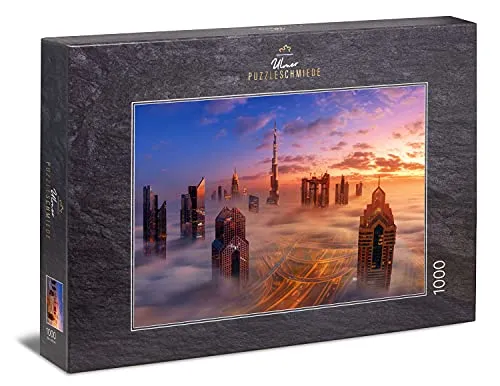 Ulmer Puzzleschmiede - Puzzle „Dubai erwacht“ - Klassisches 1000 Teile Puzzle mit modernem Städte-Motiv – die spektakuläre Skyline der Stadt Dubai mit ihren Wolkenkratzern im morgendlichen Nebel