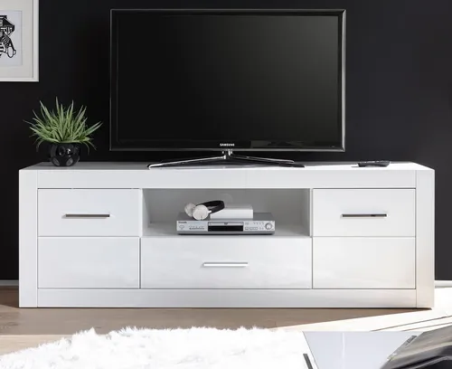 Furn.Design Lowboard Carrara - Moderner TV Unterschrank auf Rollen - TV-Lowboard Carrara in elegantem Weiß Hochglanz, 180 x 61 cm, mit 5 Rollen für einfache Mobilität und viel Stauraum für Ihr Wohnzimmer.