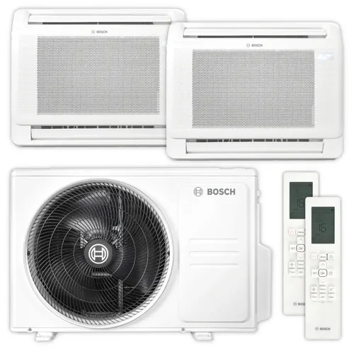 BOSCH Klimagerät CL5000M 53/2 E & CL5000iM CN 26 E Set - Klimaanlagen-Set mit 2 Truhen-Consolen und Außengerät für effiziente Kühlung und Heizung. Ideal für Büros und Wohnräume, leiser Betrieb und umweltfreundliches Kältemittel R-32.