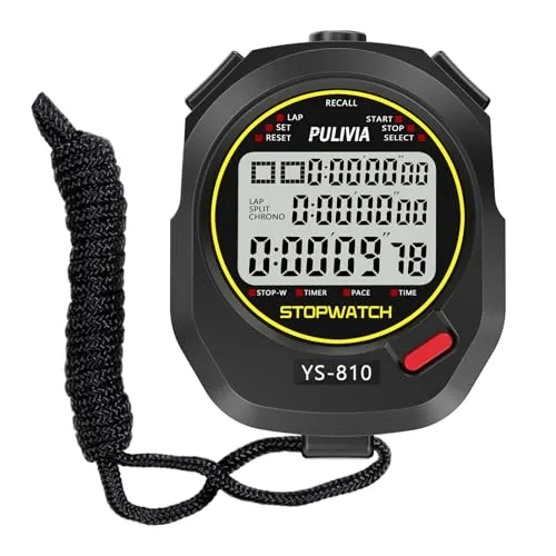 PULIVIA Stopwatch Sports Timer 10 Laps/Splits with Recall Countdown Timer Clock Alarm Calendar, Large Display Stop Watch for Coaches Running Sports Training