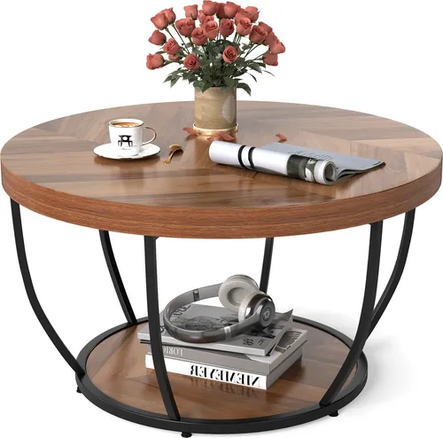 COSTWAY 2-stöckiger runder Couchtisch - Couchtisch mit elegantem Metallrahmen und 2-stufigem Design für zusätzlichen Stauraum. Ideal für Wohnzimmer, Arbeitszimmer oder Empfangsbereich.