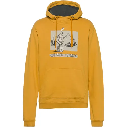 E9 HOOD Hoodie Herren - Curry-Moka, Größe L - Stilvoller Hoodie aus 100% Biobaumwolle mit flauschig wärmender Innenseite und großem Frontprint; ideal für gemütliche Tage und Made in Europe.