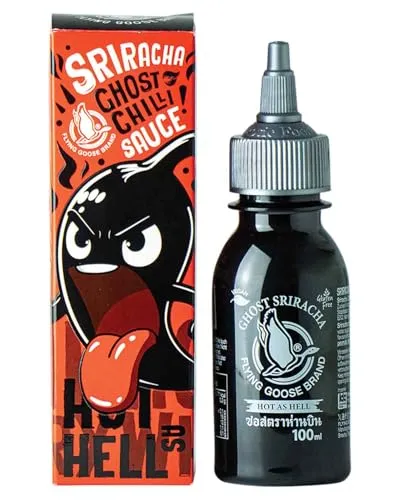 FLYING GOOSE Sriracha Chilisauce Ghost, extrem scharf, 100 ml - AUTHENTISCHE THAILÄNDISCHE WÜRZSOURCE | Die Flying Goose Sriracha Chilisauce bringt mit extra Schärfe und aromatischem Geschmack das gewisse Etwas in Ihre Gerichte. Ideal für Grillpartys und zum Verfeinern.