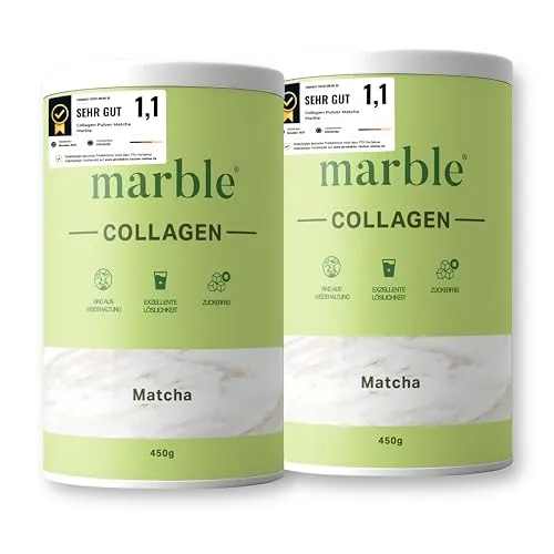 marble® Collagen Pulver 2 x 450 g - Collagenpeptide - 60 Tage risikofrei testen - Aminosäuren Komplex hochdosiert - Kollagenpulver in Pappdose ohne Plastiklöffel (Matcha)