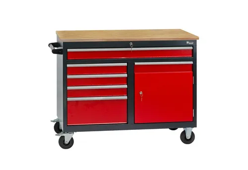 DEMA Werkzeugwagen Werktisch mit 5 Schubladen - Robuster Werkstattwagen mit 5 Schubladen, fahrbar und flexibel. Die massive Sperrholzplatte und zentrale Schließfunktion bieten Sicherheit und Komfort in jeder Werkstatt.