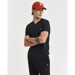 Gant Herren Slim Shield V-Neck T-Shirt, Schwarz, XL EU - T-Shirts für Herren, V-Ausschnitt mit weichem Rippstrick für hohen Tragekomfort und stilvolles Design mit Wappen-Grafik auf der Brust.