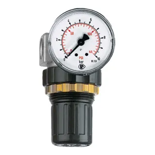 Riegler Druckregler "Standard-mini" G 1/4, 0,5-16 bar - Druckregler für präzise Druckkontrolle, inkl. Manometer und Schalttafelmutter. Kompakt, vordruckunabhängig und ideal für verschiedene Anwendungen.