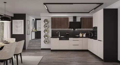 Winkelküche ARONA + MONZA 280x270 cm - Küchenzeilen im modernen Design, kombinierbar mit viel Stauraum und einem eleganten Mix aus Kaschmir und Okapi Nußbaum.