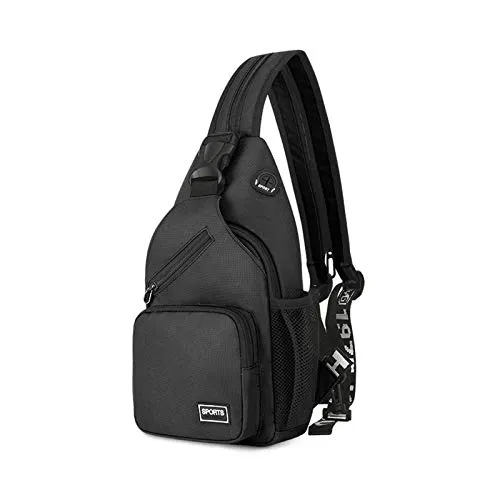 FANDARE Damen Brusttasche Klein Rucksack mit Kopfhörerloch Sling Bag Mädchen Schultertasche Crossbody Umhängetasche Reisen Wandern Sport Daypack Dauerhaft Polyester Schwarz