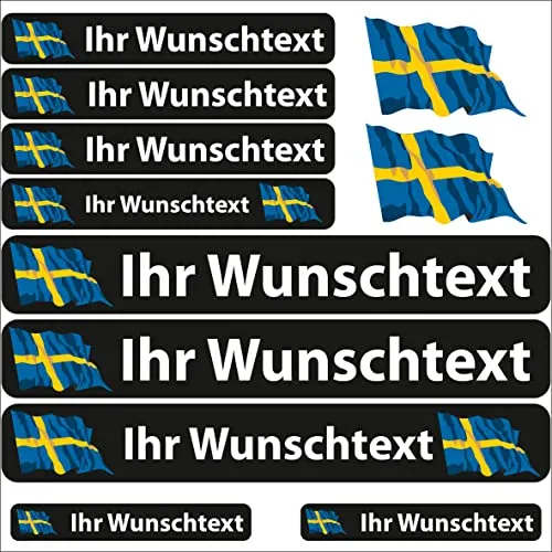 INDIGOS UG - Aufkleber Schweden - 13 Flaggenaufkleber - Fahne wehend Sticker selbst gestalten mit Namen & Wunschtext personalisiert- Fahrrad - Auto Aufkleber - Motorrad - Rennfahrer
